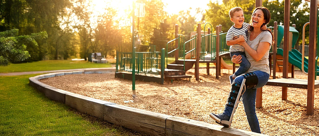 Mother holding son at playground while wearing XLEG hands free crutches — crutch alternative for active parents during lower leg recovery