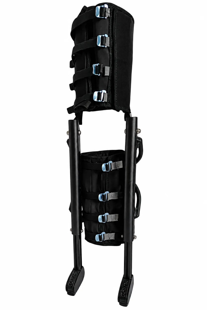 XLEG hands free knee crutch alternative — black frame with custom thigh cuff and adjustable buckles, front view, ships to USA and Canada