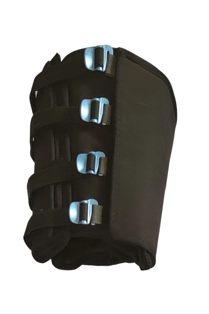 XLEG custom thigh cuff for hands free knee crutch — black padded cuff with chrome buckles, custom sized for each patient, USA and Canada