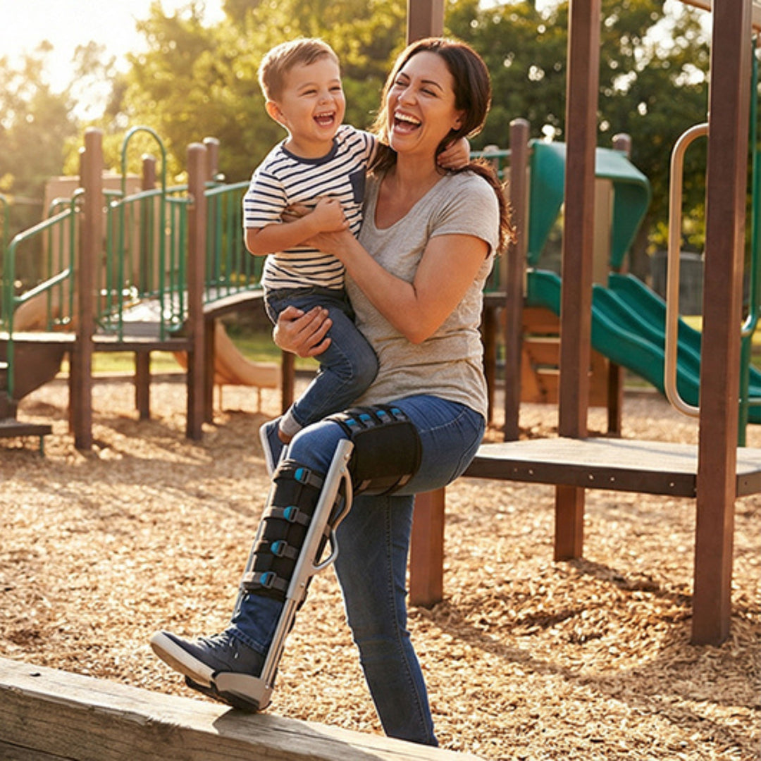 A joyful mother carrying her laughing young son at a public playground while wearing a black XLeg hands-free knee crutch on her leg. The mobility aid allows her to stay active and hold her child, serving as a practical hands free crutch alternative and crutches alternative. She said "I walk" joyfully.
